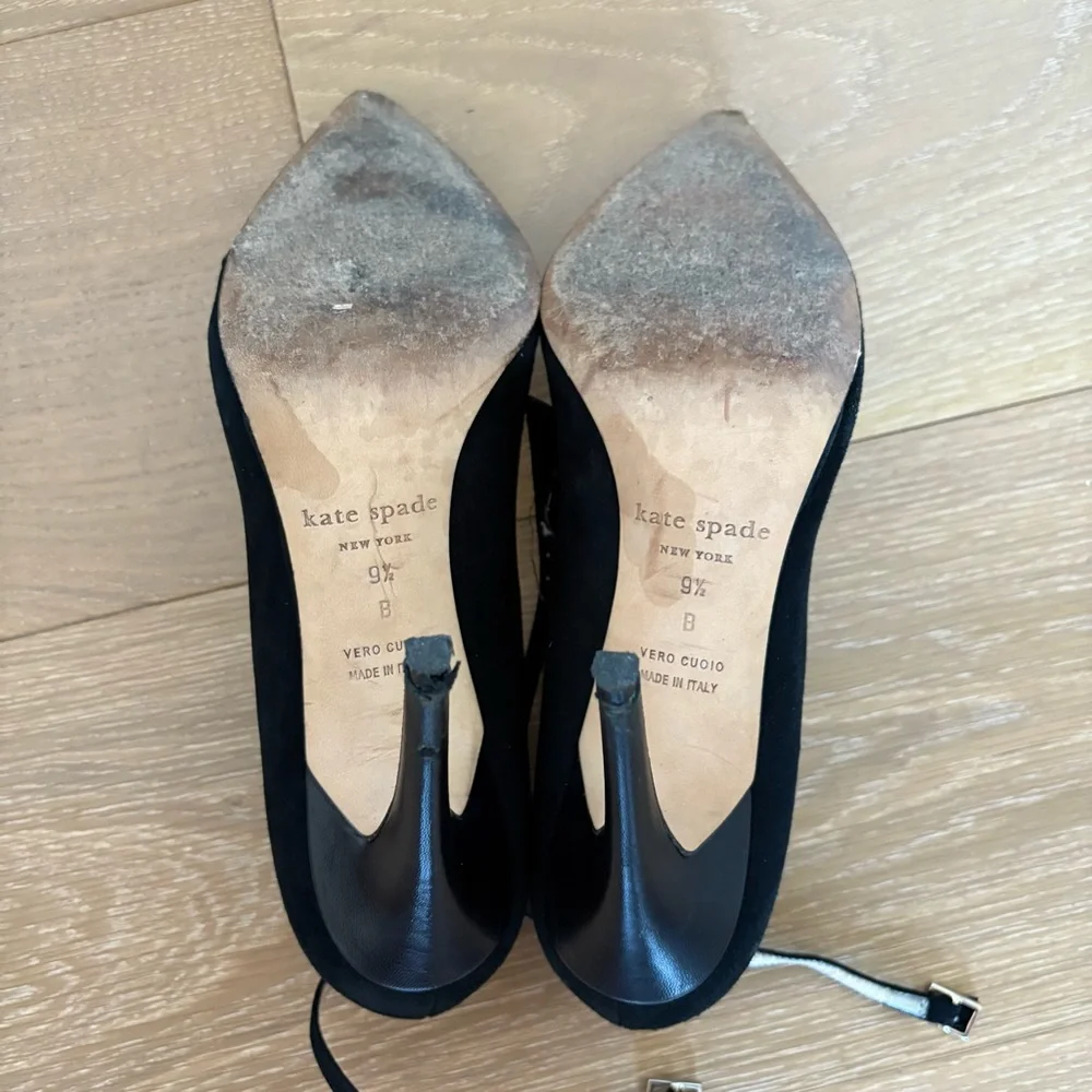 Kate Spade Liza Black Suede Leather Pointed Toe Heels Size 9.5 Ankle Strap